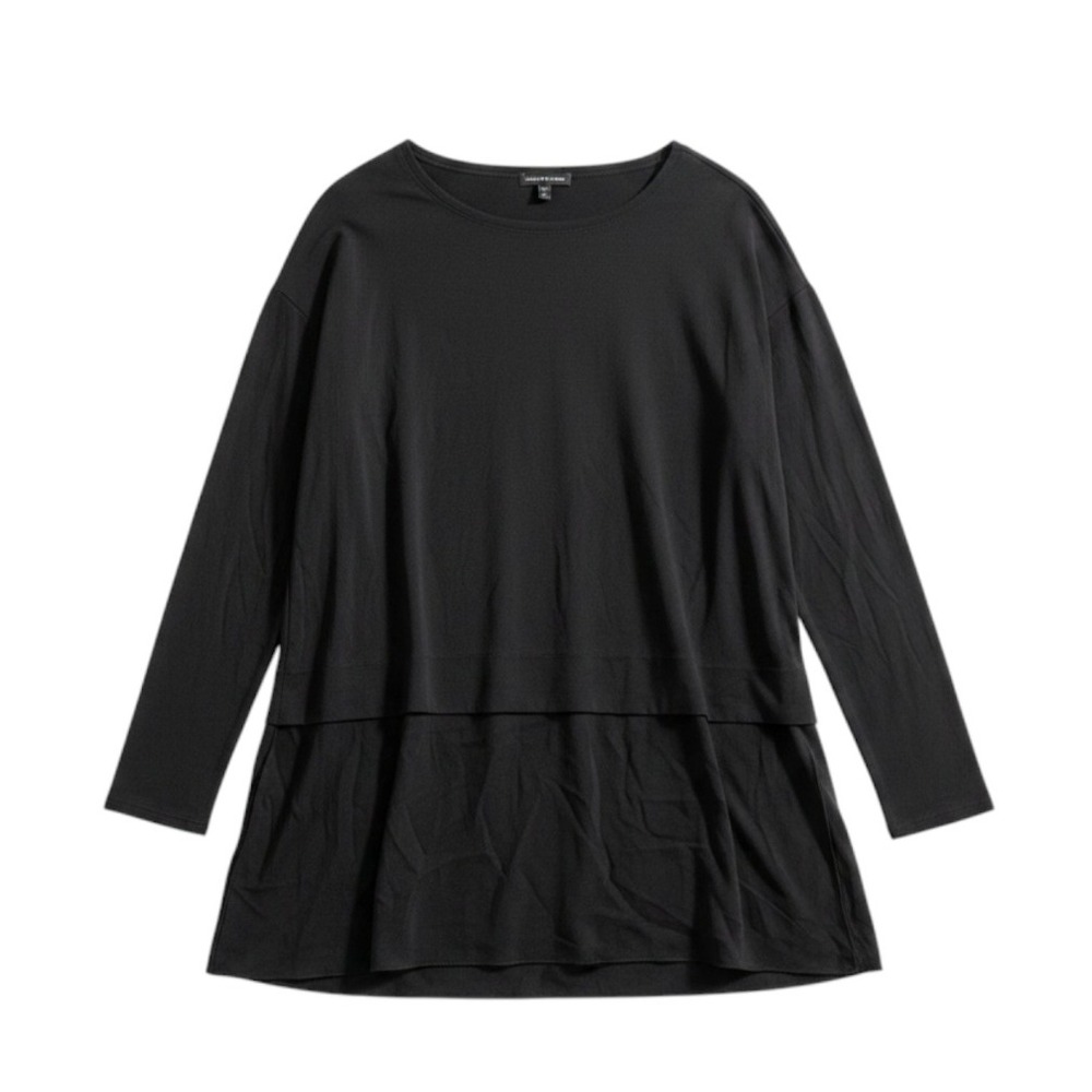 Eileen Fisher Silk Tunic Top Long Sleeve XS Black Minimalist Career Ballet Chic
